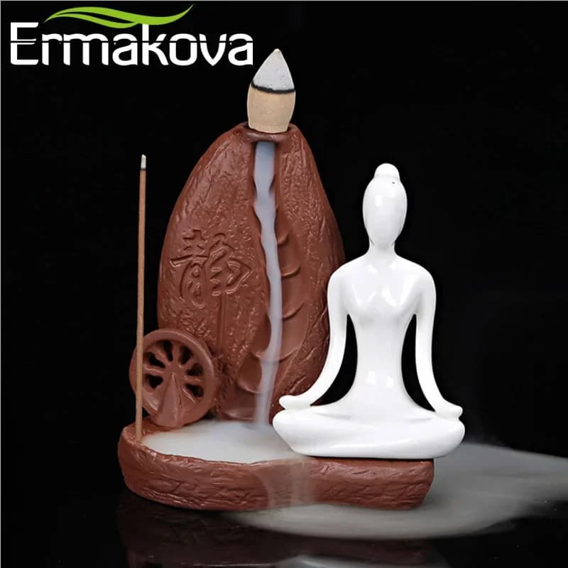 ERMAKOVA Ceramic Incense Burner Backflow Yoga Girl Censer Incense Cones Burner Towel Incense Stick Holder Home Yoga Studio Decor