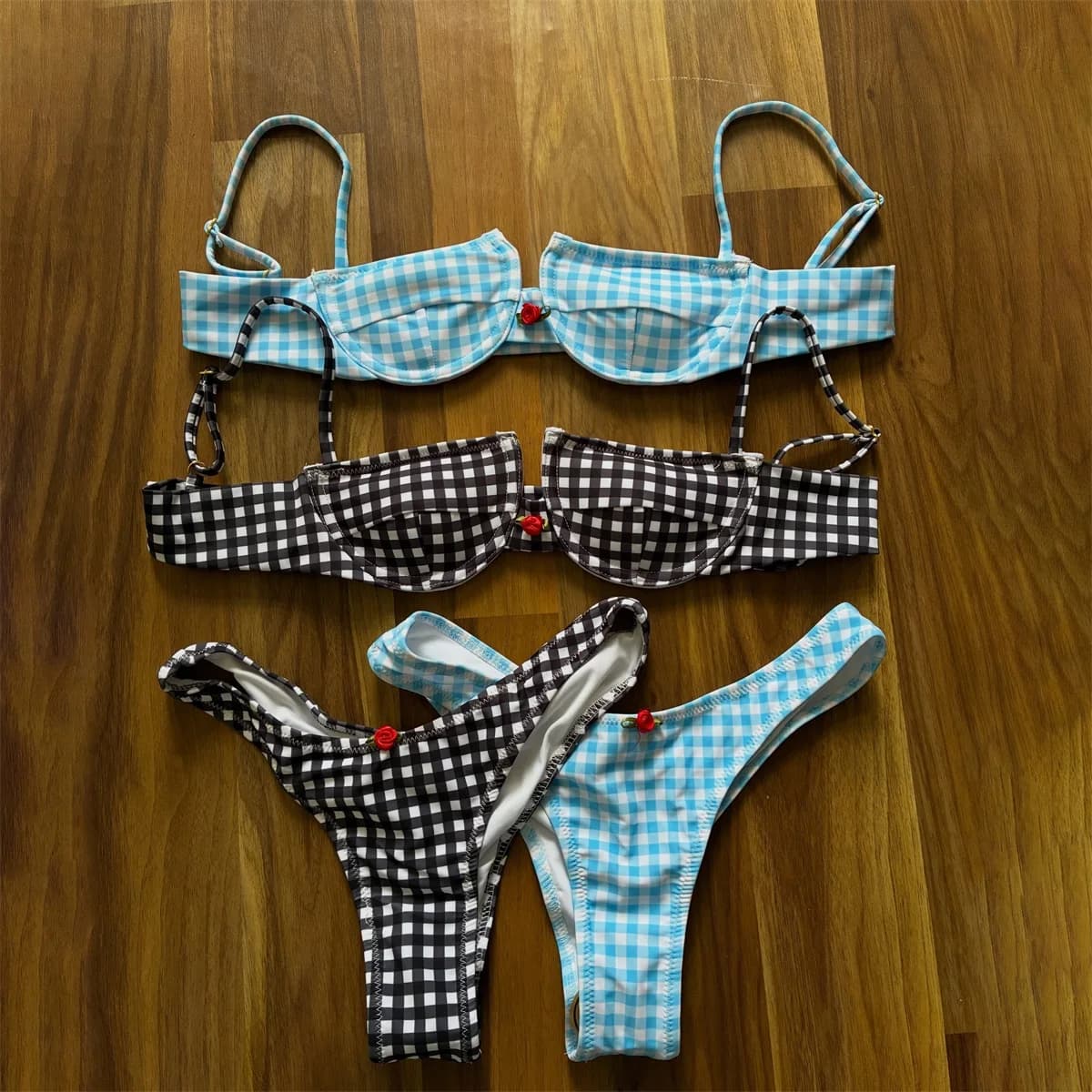 Plaid Push Up Bikini 2026 Bandeau Biquini Women Sexy Swimsuit Printed Swimwear Female Low Waist Swim Suits Bathingsuit Beachwear