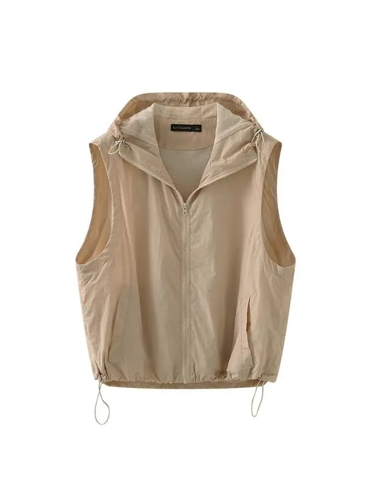 Gilet con cappuccio da donna, traspirante, estivo, nuovo, protezione solare, casual, cardigan aperto con cerniera, lunghezza regolare