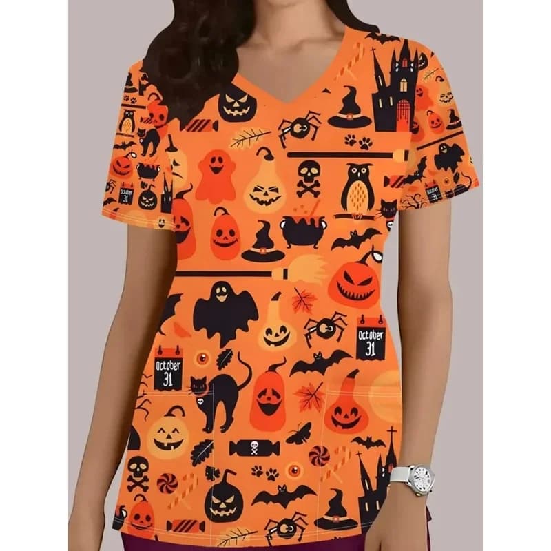 Women's Cartoon Print Halloween Medical Uniform T-Shirt V-Short-Sleeved Dental Nurse Work Uniform with Pockets, Clinical Uniform