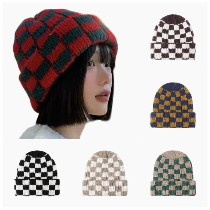 Plaid Knitted Beanie for Women Autumn Winter Korean Japanese Style Oversized Head Circumference Skull Cap Christmas Warm Slim Fa