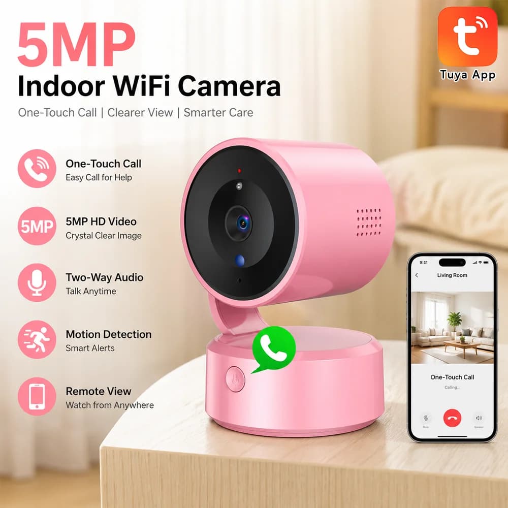 5MP Tiya Indoor WiFi Camera One-Touch Call Smart Home Security Camera with Two-Way Audio Motion Detection Remote View for Elderly Pet Home Care Smartlife Home