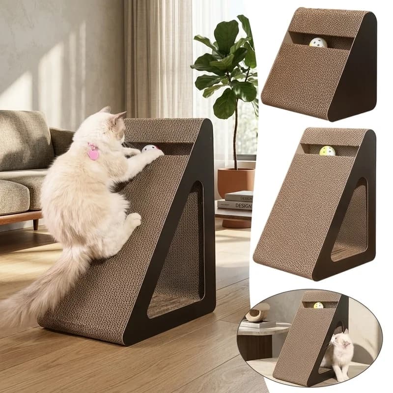 2-in-1 Cat Scratcher Cardboard Triangle, Interactive Spinning Ball Toy, Durable Scratch Pad for Indoor Cats Kittens Stress Relie