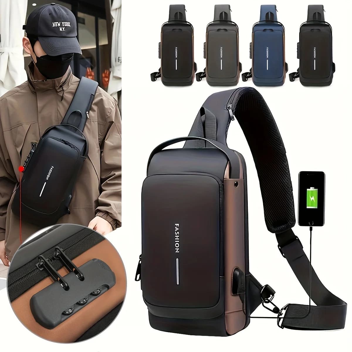 Borsa da uomo antifurto con blocco password Borsa da petto da uomo Sport casual Zaino piccolo Borsa a tracolla Borsa da moto