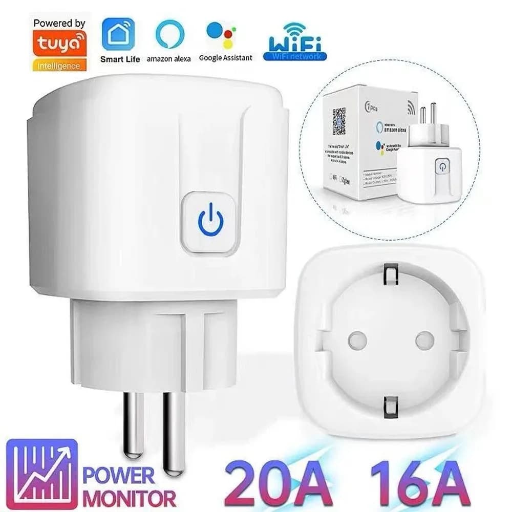 WiFi Tuya smart socket with EU plug 16A/20A, power monitoring, timer, remote control via Smart Life app, compatible with Alexa and Google Home