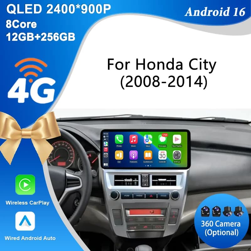 Autoradio Android 16 da 12.3" per Honda City 2008-2014, Lettore Multimediale GPS Navi BT WiFi IPS Touch Screen DSP, Unità di Controllo Smart per Auto