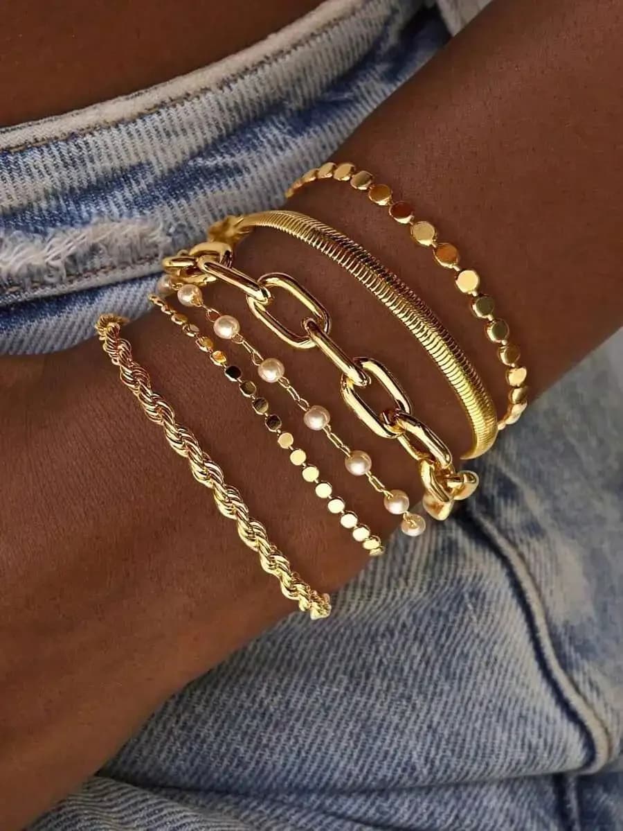Set di 12 Bracciali Vintage Eleganti con Catena Piatta a Serpente, Catena a Scatola, Catena con Perline, Catena Intrecciata e Strass