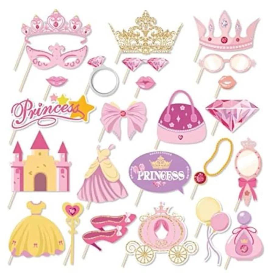 25Pcs Princess Photo Booth Props with Stick, Cinderella Theme Selfie Props, Little Royal Queen Birthday Party Supplies, Fairyta