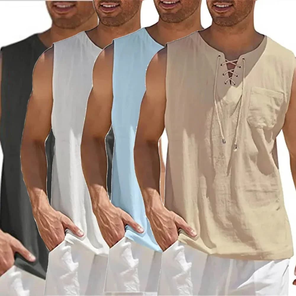 Men's Summer Linen Shirts Casual V-neck Sleeveless V-neck Shirt Sleeveless Shirts Solid Color Tees Top