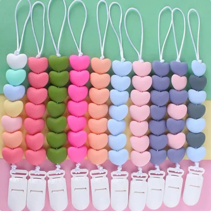Clip per ciuccio in silicone bianco con perline a forma di cuore, porta ciuccio per bambini fai da te, giocattoli per la dentizione per neonati
