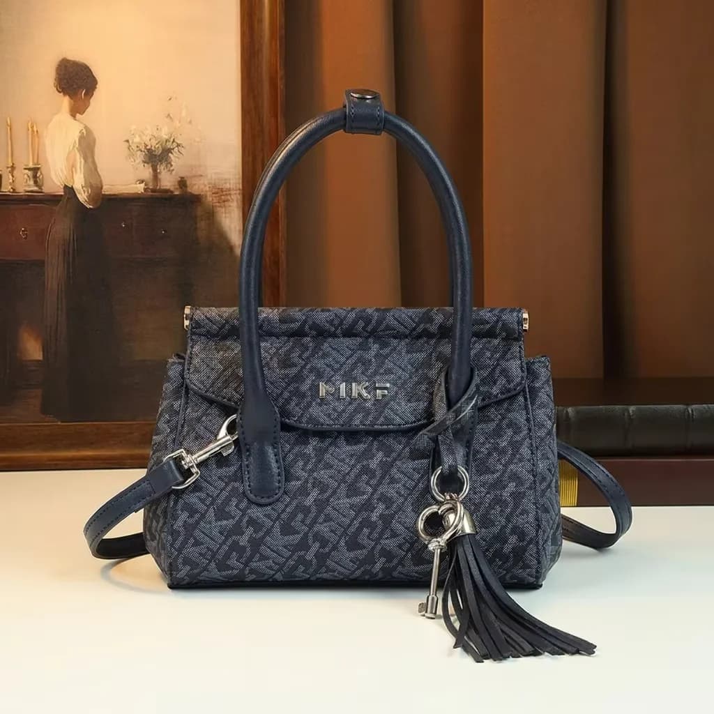 Vintage Monogram Flap Satchel for Women Retro Navy Blue Handbag with Key Tassel Pendant PU Leather Shoulder Crossbody Bag Daily
