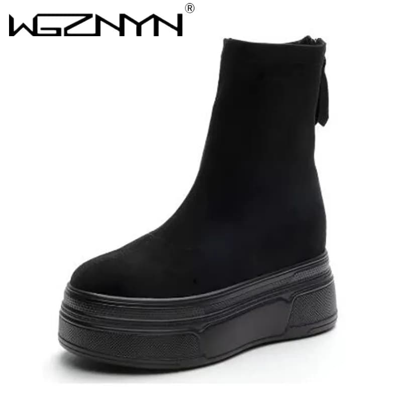 Stivaletti alla caviglia in pelle scamosciata sintetica in tessuto elasticizzato da 8,5 cm, comodi mocassini da donna primaverili, scarpe con plateau autunno inverno
