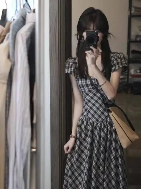 Slimming Large Size Retro Elegant Plaid Long Dress Women's Spring Summer 2025 Waist Cinched Slimming Dress VU Collar Fly Sleeve