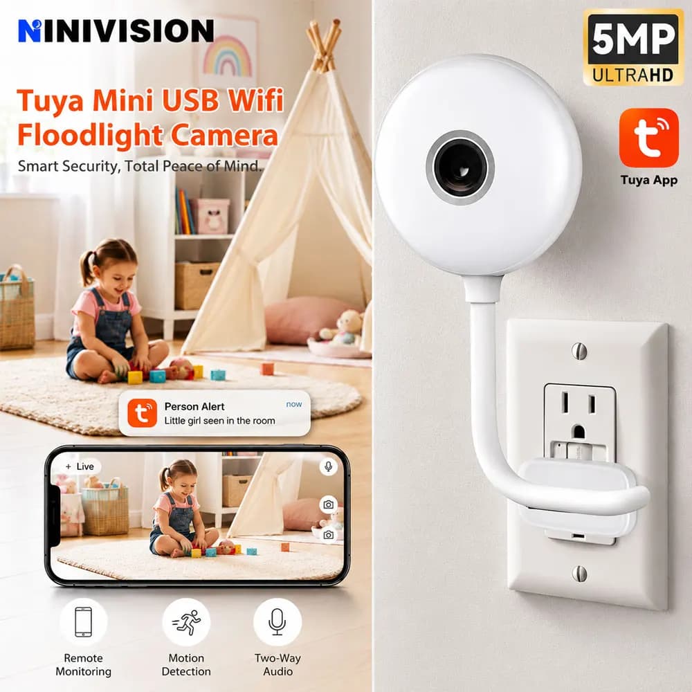 Telecamera IP Mini Tuya Smart 5MP, Wireless per Interni, Monitoraggio Bambini, USB, Sorveglianza con Rilevamento AI delle Persone, Portatile