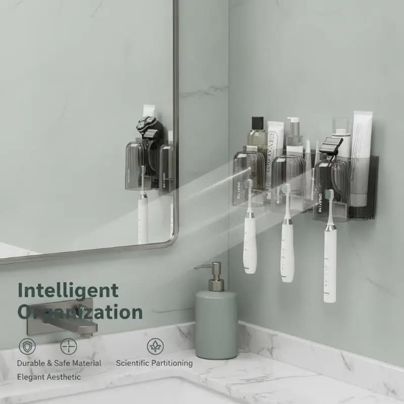 Adhesive Toothbrush Holder Multi Functional No Drilling Wall Storage Rack for Toothpaste Razor Bathroom Home