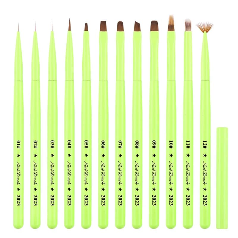 1/12PCS Pennello per unghie verde Pennello per gel per manicure Penna per estensione gel UV acrilico Pennello per disegno pittura per smalto