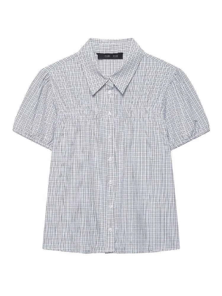 HH Camicia Donna Estiva Nuova Moda Versatile in Popeline Elasticizzato a Quadri, Elegante con Colletto a Risvolto, Manica Lunga o Corta, Monopetto