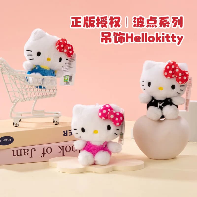 Genuine Sanrio Hello Kitty Plush Keychain, Cute Polka Dot Bow Cat Bag Pendant, 3 Colors Optional Backpack Charm Gift