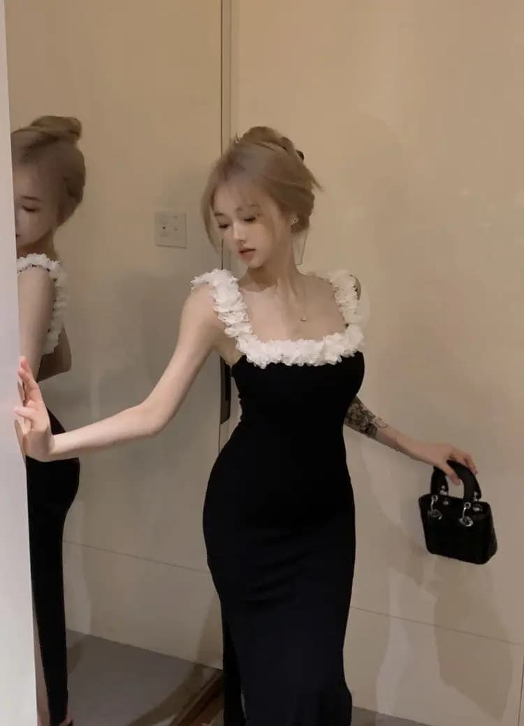 Elegant Floral Strapless Dress Women's Summer Black Skirt Waist Cinched Backless Slimming Split Long Bodycon Dress