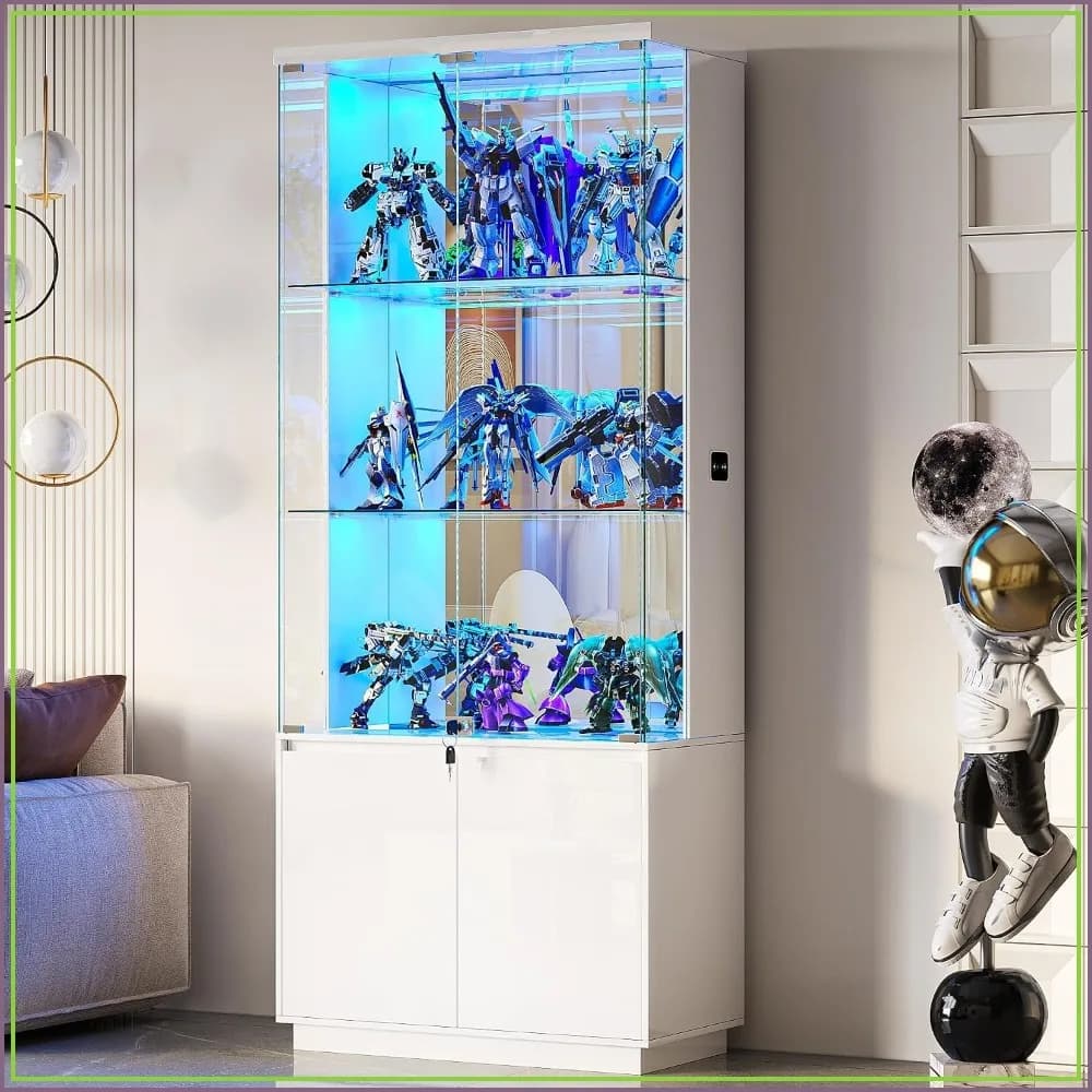 71" Tall Display Cabinet with Glass Doors, Modern Curio Cabinet for Collectibles, Bookcase with Lights & Motion Sensor, White
