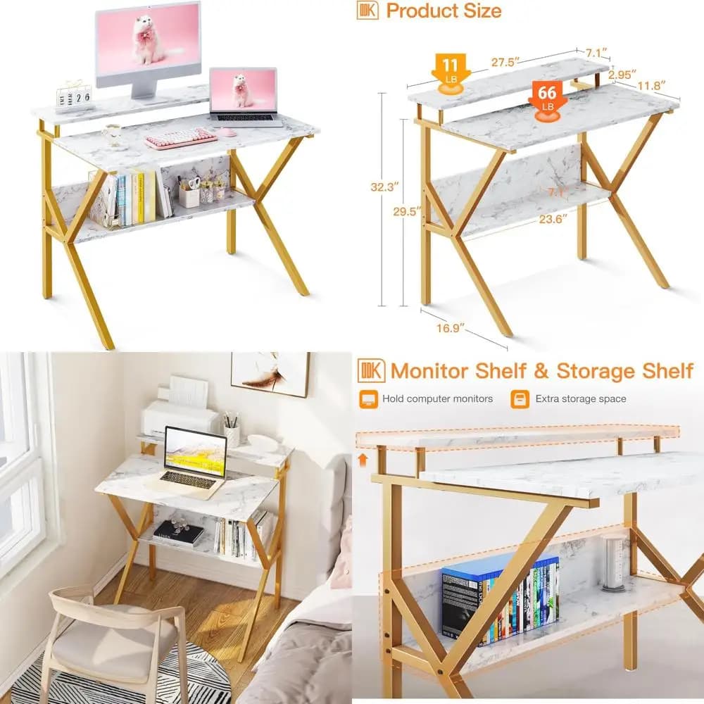 27.5 inch compact desk for small spaces, computer desk with storage and home studio monitor