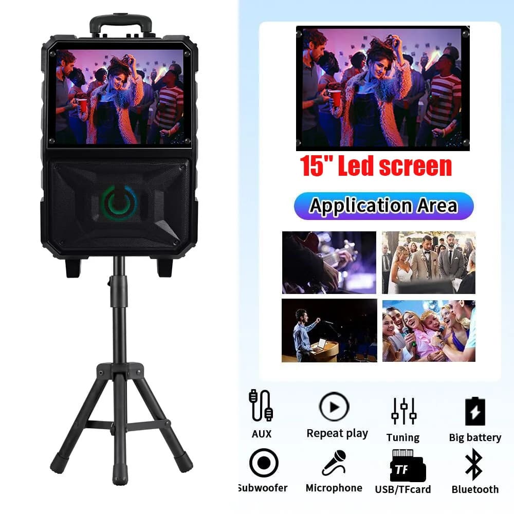 Macchina per karaoke con altoparlante portatile Bluetooth ad alto volume per feste con touchscreen LED da 15" Doppio subwoofer da 8" Uscita HDMI con microfono