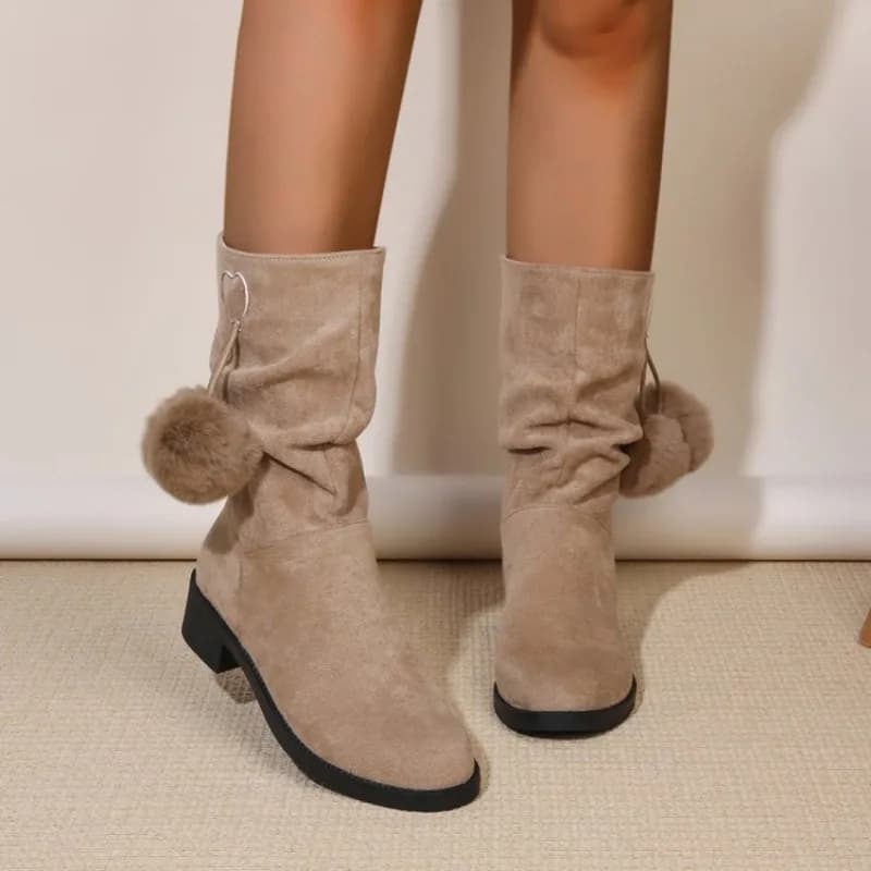Women's Mid-Calf Boots Low Block Heel Slouchy Shaft Suede-Look Round Toe Fur Pom-Poms Heart Ring Casual Daily Walking Footwear