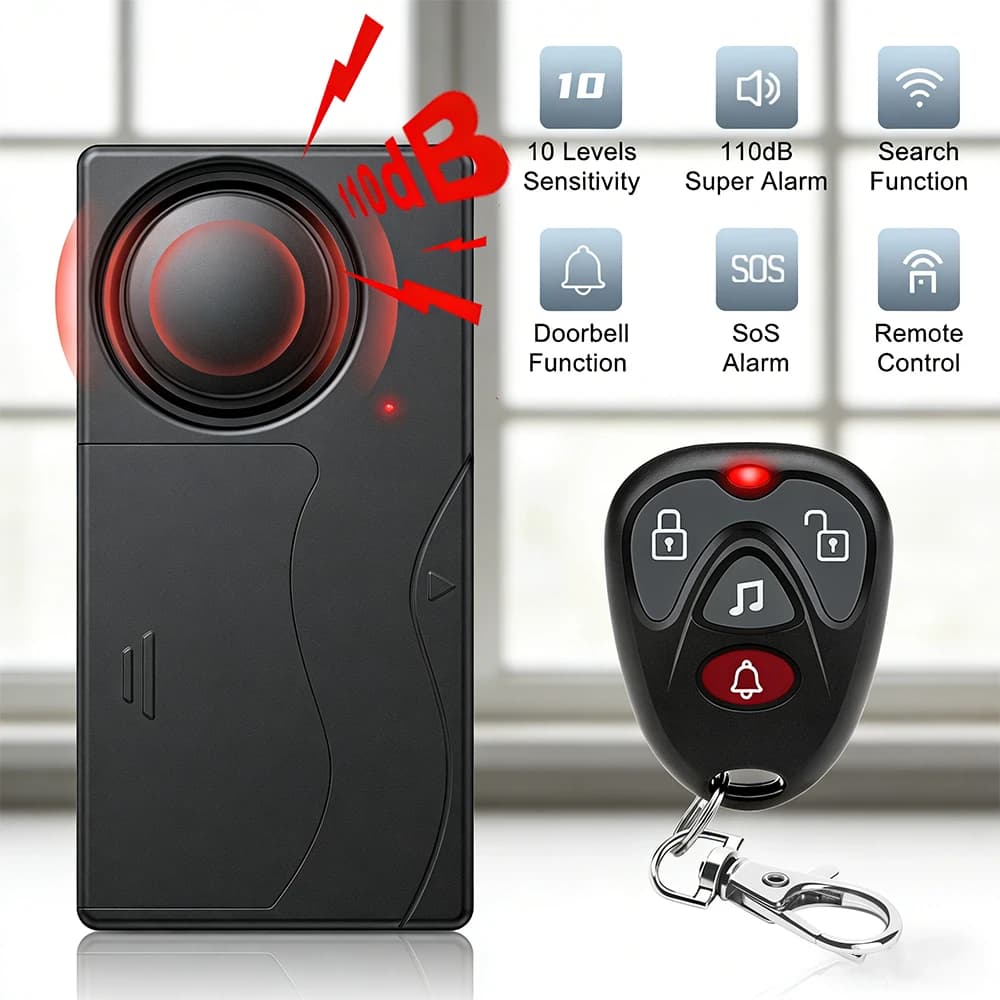 Allarme Wireless per Porte e Finestre con Sensore di Vibrazione, Telecomando Wireless, 110dB, Antifurto con 10 Livelli di Sensibilità per Moto