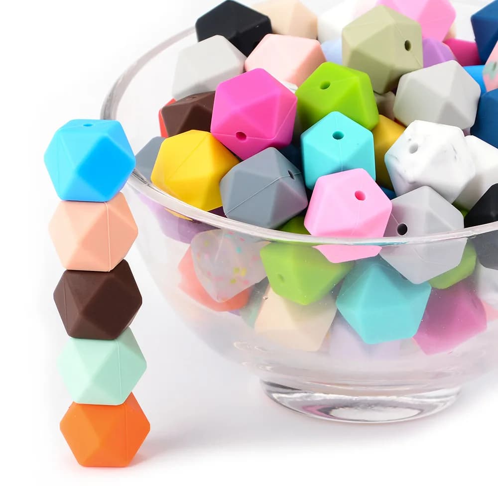 100 Pezzi Perline in Silicone Esagonali 14/17mm, Perline Masticabili per Dentizione Neonati, Fai da Te per Clip Ciuccio, Collane per Dentizione, Portachiavi, Gioielli, Penne