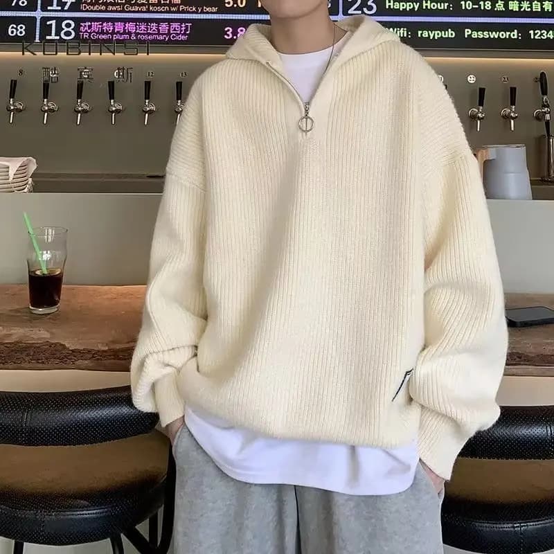 2025 autumn new Korean men half zip sweater with hood winter fashion Japanese Harajuku pullover with casual hood knit loose