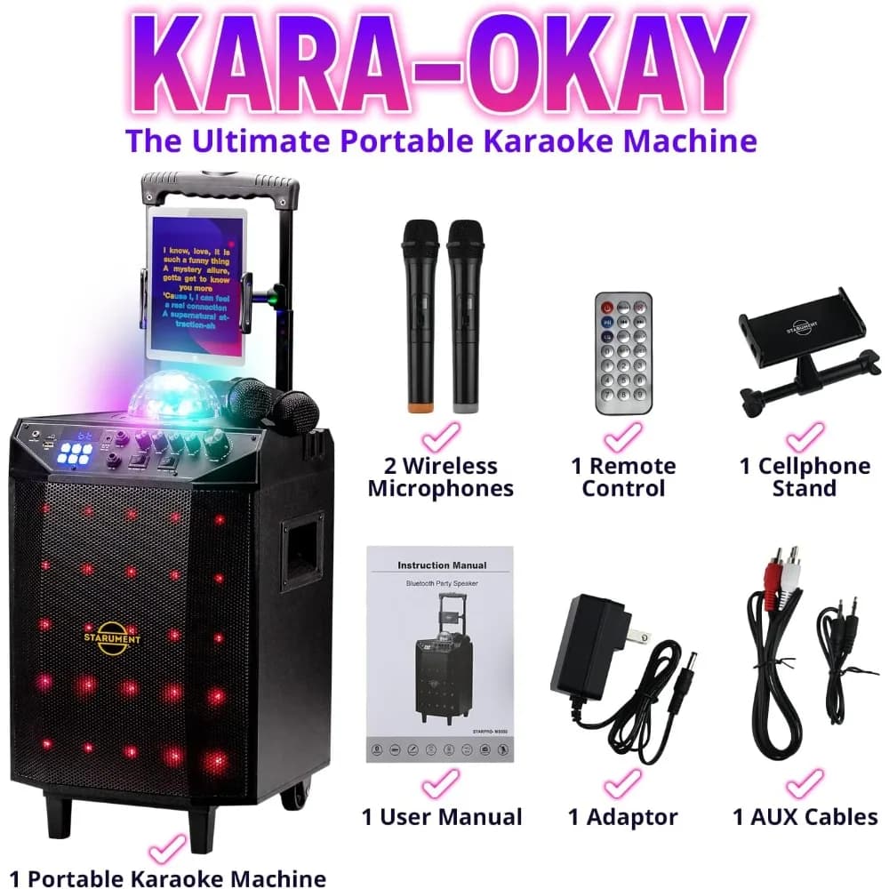 Macchina per karaoke portatile per adulti e bambini Il sistema karaoke completo include altoparlanti Bluetooth su ruote, 2 microfoni Bluetooth