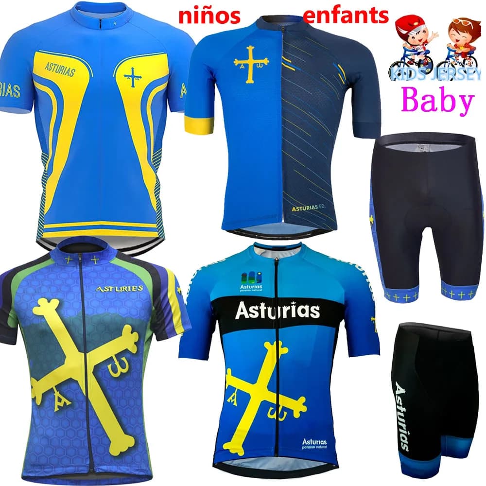 Completo Ciclismo Bambini Asturias 2026 Spagna Estivo Ragazzi Ragazze Maglia Blu Abbigliamento Bici da Strada Pantaloni MTB