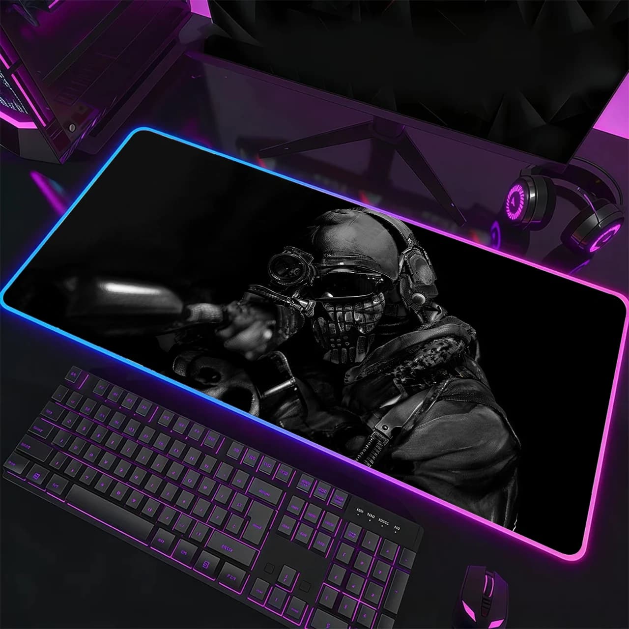 RGB Gaming Mouse Pad,Anti-slip,Stitched Edges,Soft Rubber,Black Tactical Soldier Deskpad For Office Desk & Home Use