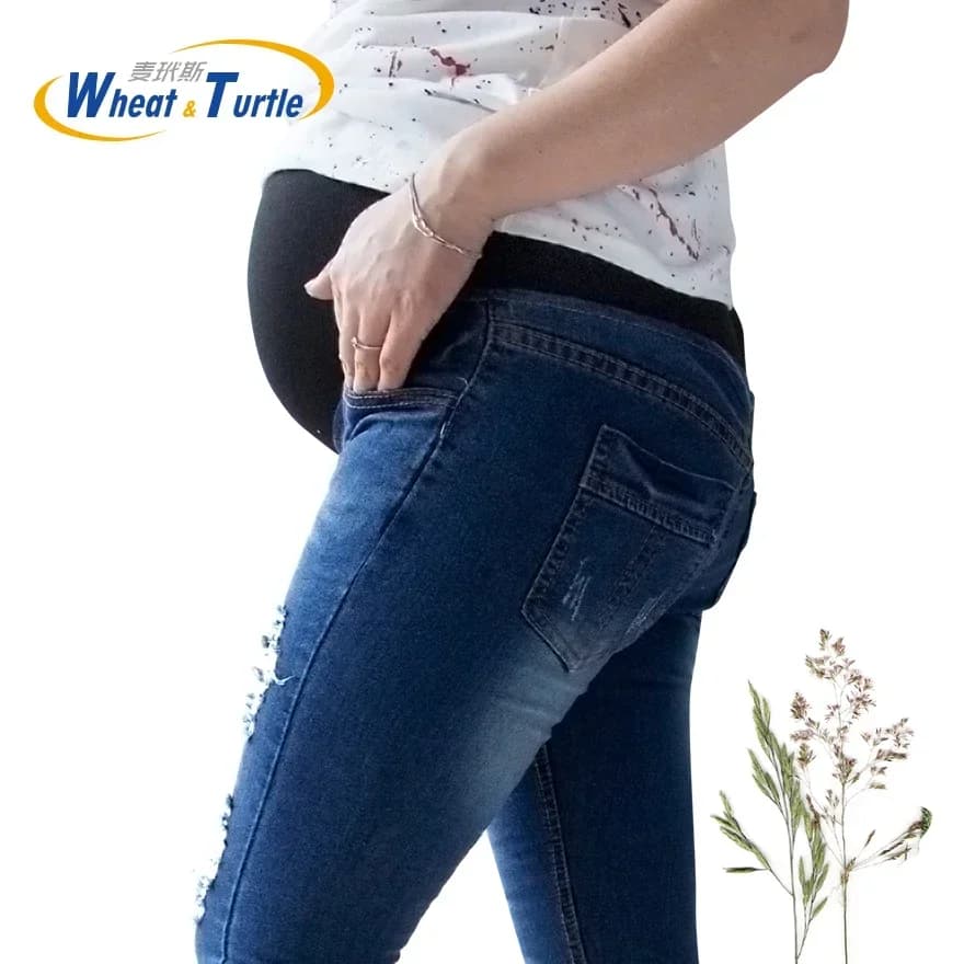 Hot Sale Cotton Denim Maternity Skinny Jeans Ripped Holes Contrast Stitching Pockets Slim Pencil Pants for Pregnant Women