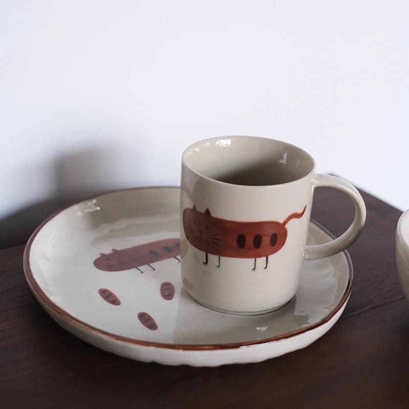 Regalo per gli amanti degli animali domestici Piatto d'acqua per cibo con ciotola in ceramica stampata a forma di baguette fatta a mano con decorazione sottosmalto Piatto unico