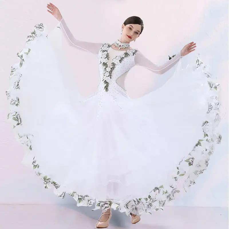 Abito da Competizione di Danza Moderna con Strass Floreali, Gonna Ampia per Valzer e Tango, Costume da Esibizione per Sala da Ballo