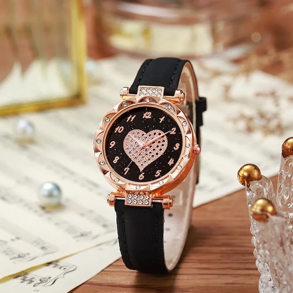 Orologi da polso alla moda con strass a forma di cuore, orologi da polso casual con cinturino in pelle, orologi elettronici semplici da donna
