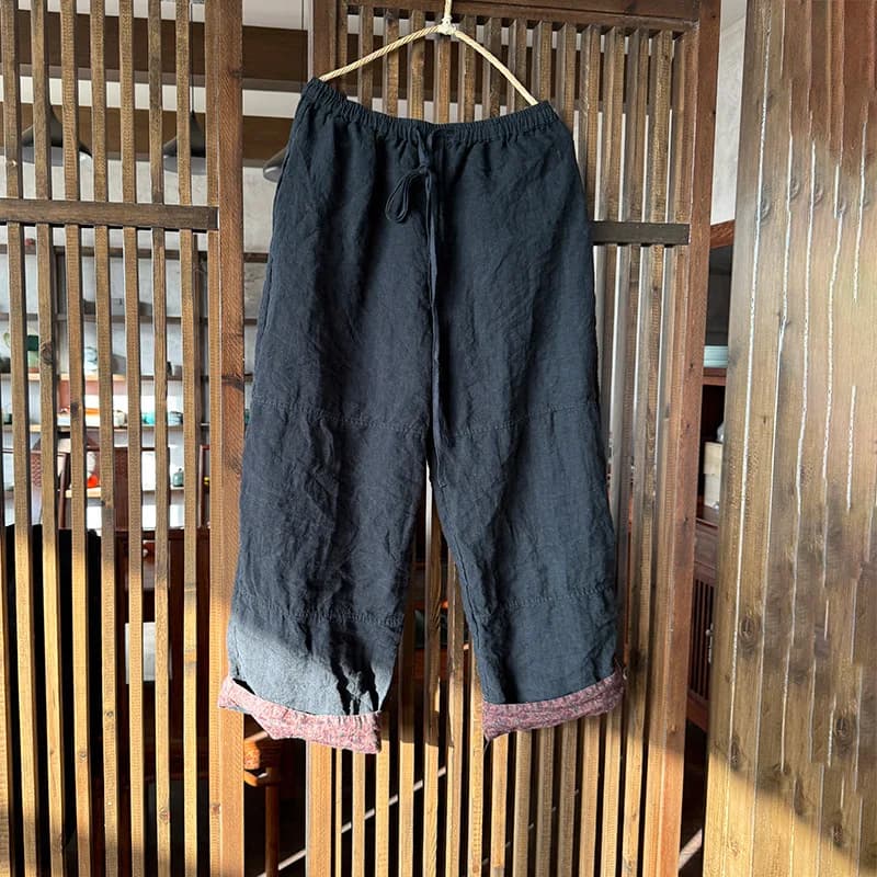 2025 Primavera Addensare Inverno Vintage Dritto Patchwork Pantaloni Ramie Il Migliori abbinati con tasche Elastico in vita Pantaloni a gamba larga da donna