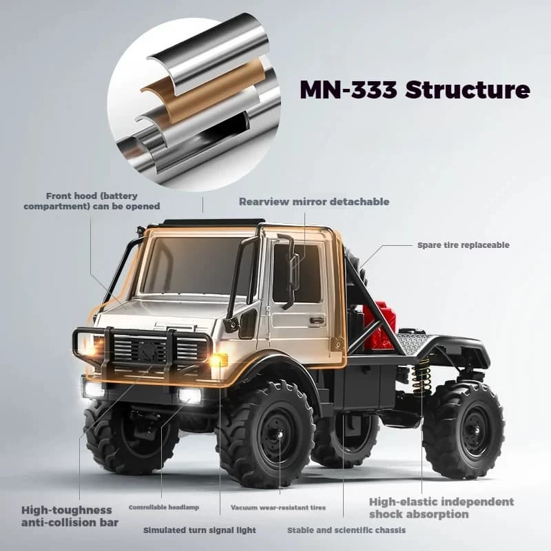 Auto RC MN333 Scala 1/18 in Lega, Fuoristrada a Quattro Ruote Motrici, Fari Controllabili, Accelerazione Completa, Sterzo, Carrozzeria in Lega