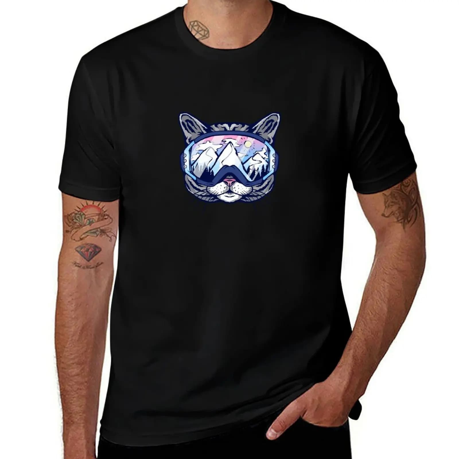 Cat ski goggles skiing T-Shirt Casual Loose Short Sleeve Tee for Men