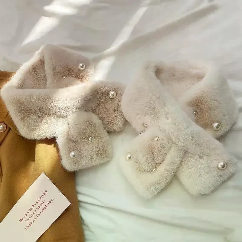 Women Fluffy Rabbit Fur Cross Scarf Winter Warm Neck Cover Collars Scarves Korean Girl Windproof Pearl Plush Snood Neckerchief