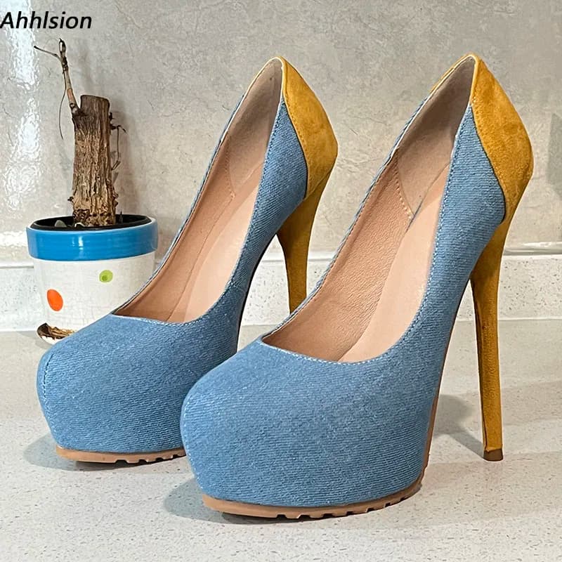 Ahhlsion Handmade Women Platform Pumps Sexy Stiletto Heels Round Toe Pretty Yellow Dress Shoes Ladies US Plus Size 5-20
