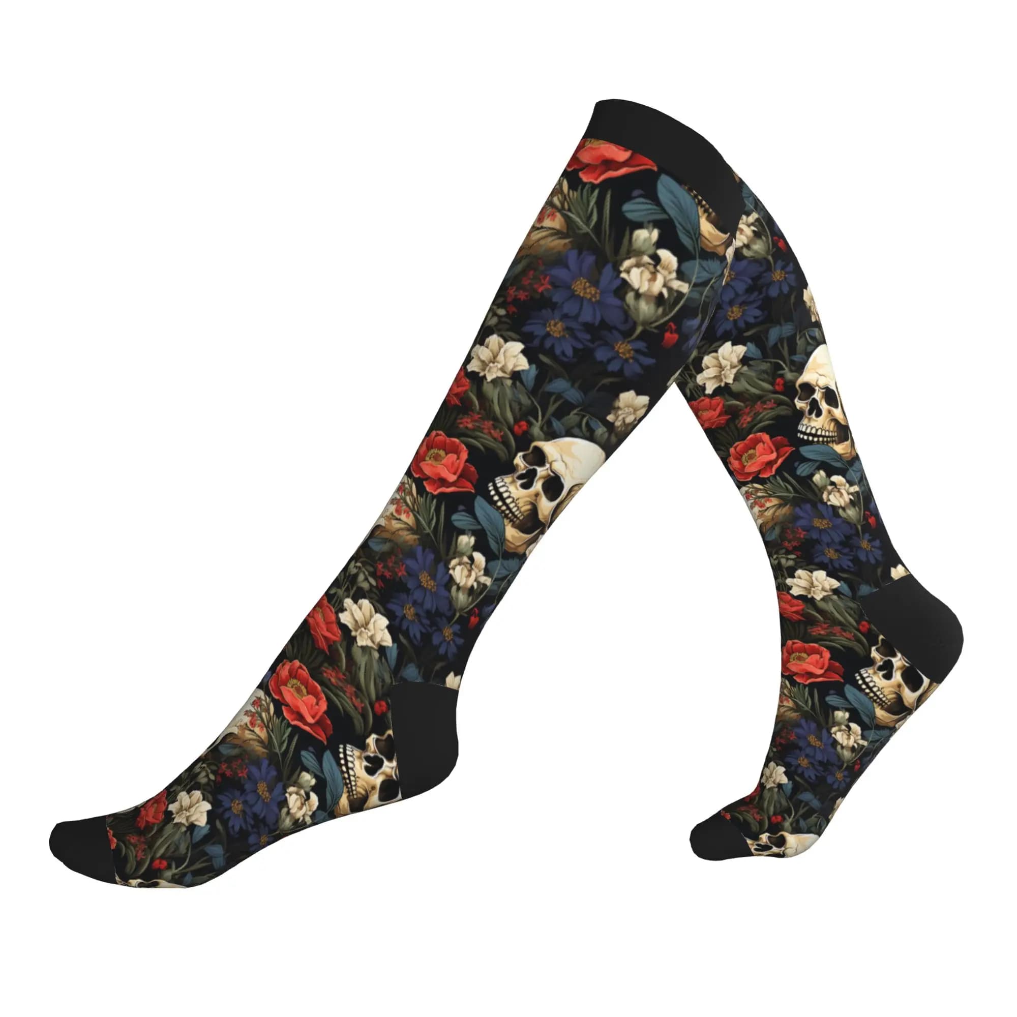 Gothic Skeleton Skull Floral Dress Socks for Men Women Warm Funny Novelty Sports Compression Socks