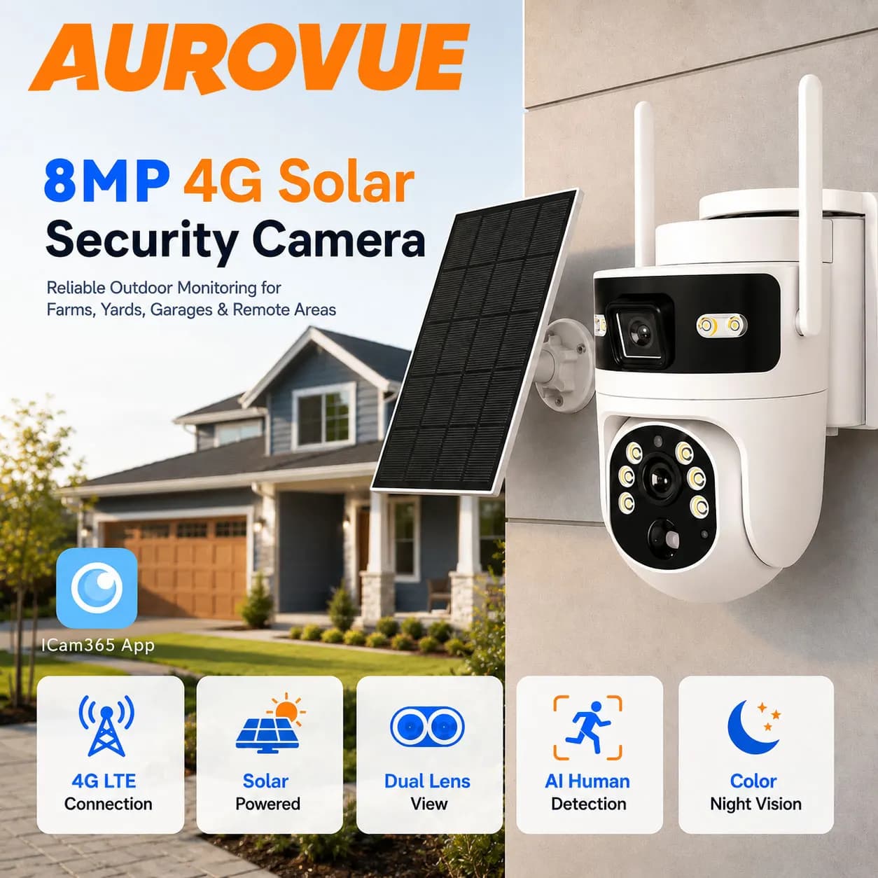 4K 8MP 4G Solar Security Camera Outdoor Dual Lens Battery IP Camera Human Detection Full Color Night Vision Two Way Audio Solar Powered Wireless CCTV Video Surveillance Camera For Home Security Outdoor Monitoring