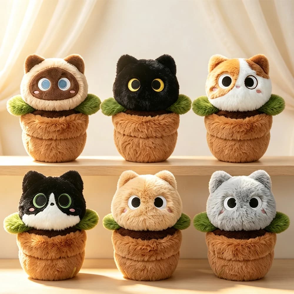 Kawaii Cat Flowerpot, Plant Plush Toys Three Colored Cat, Black Cat, Grey Cat, Siamese Cat Plush Dolls Kids Birthday Gifts