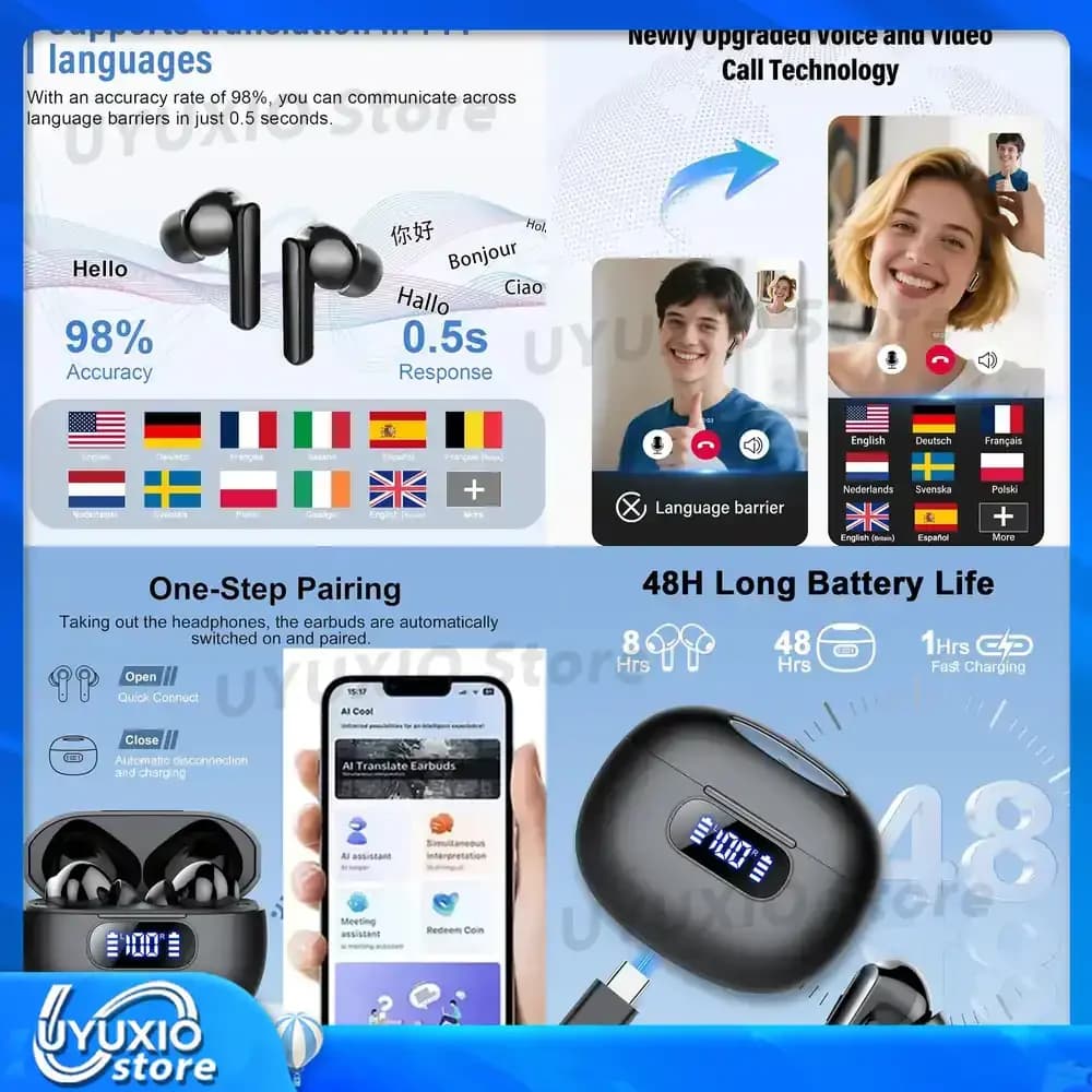 Auricolari Traduttori AI UYUXIO in Tempo Reale con 144 Lingue, Cuffie TWS per Traduzione Online e Riconoscimento dell'Accento