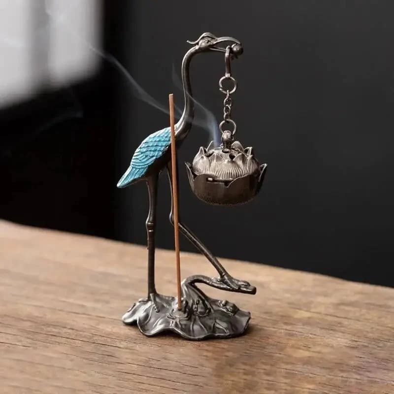 Bruciatore di incenso a flusso inverso con gru e loto: Porta incenso in stile Zen cinese con bastoncini di incenso - Decorazione per la casa