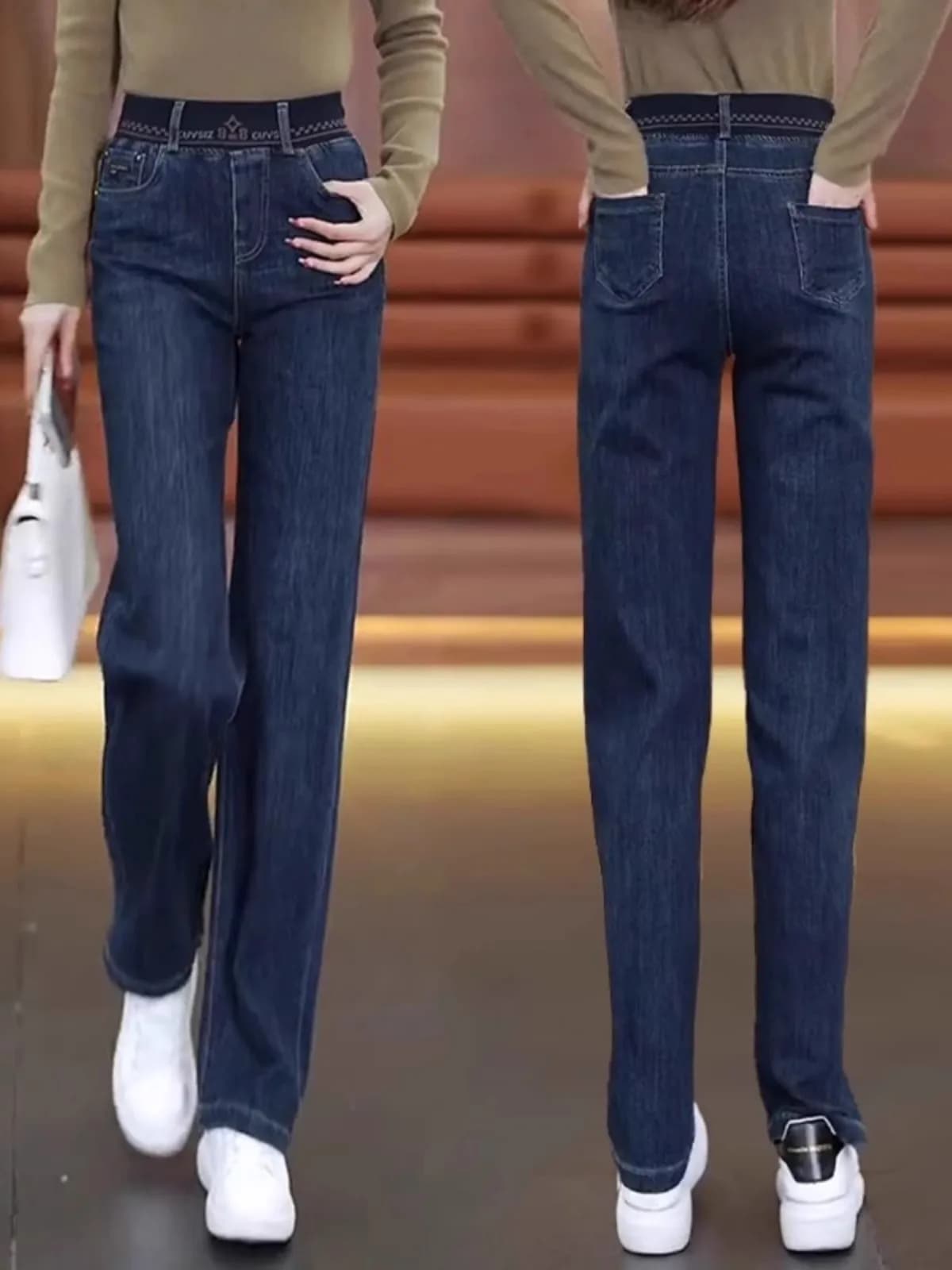 Jeans Denim Blu Scuro a Vita Alta e Gamba Dritta da Donna, Nuovi Pantaloni Slim Fit a Gamba Larga Primavera Autunno 2025, Casual ed Eleganti