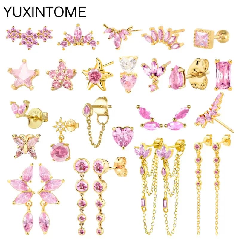 Orecchini a bottone a cuore in cristallo rosa di lusso con ago in argento Sterling 925 per le donne orecchini Piercing geometrici di moda gioielleria raffinata