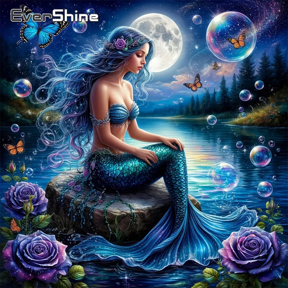 EverShine Diamond Mosaic Portrait Gird Full Drill Embroidery Mermaid Rhinestones 5D Moon Painting Rose Handicraft Wall Decor